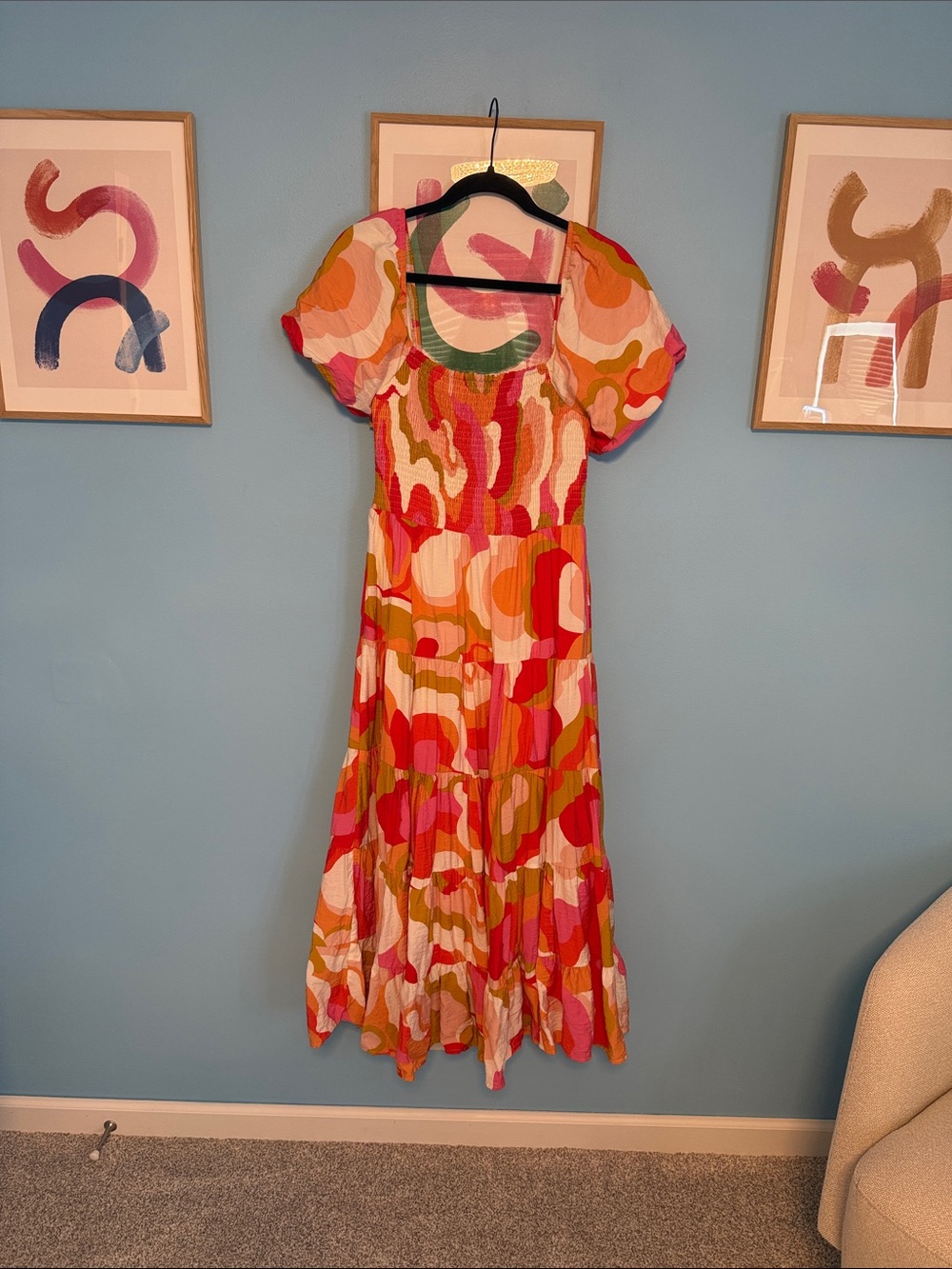 TCEC Pink Orange Green Cream Abstract Maxi Dress